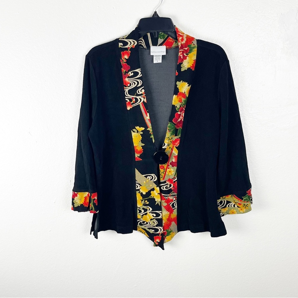 SOFT SURROUNDINGS Black Floral Trim One Button Cardigan Small Casual Boho Artsy